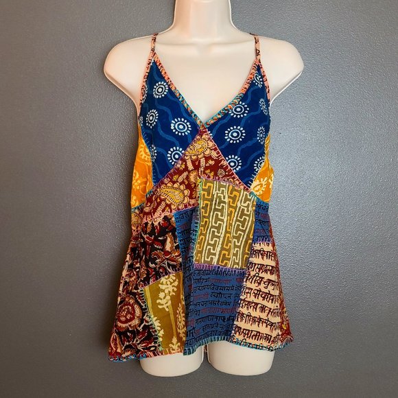 Blue Sky Tops - Vintage Blue Sky Veggie Dyes Multi Colored Abstract Print Patchwork Tank Top